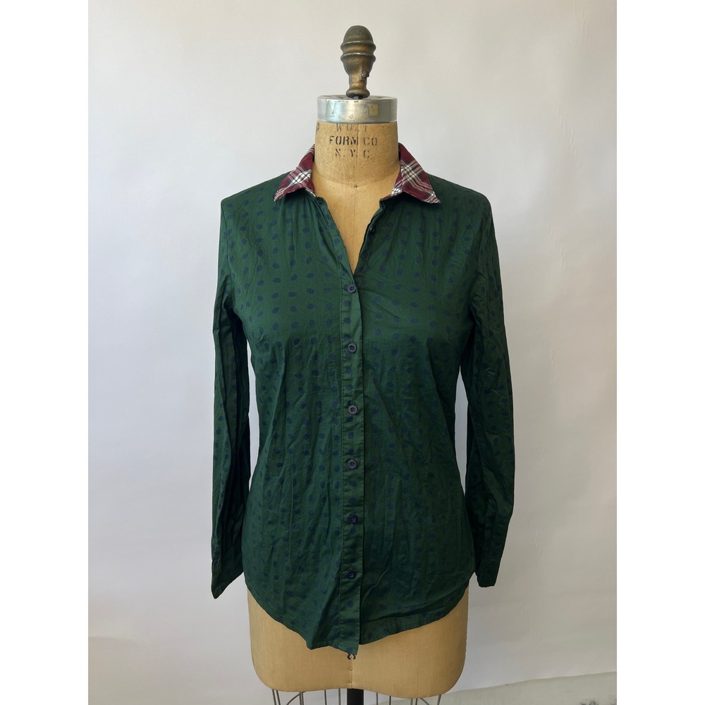 Gibson Womens Small Green Polka Dot Button Down Shirt Plaid Collar SPD54903N